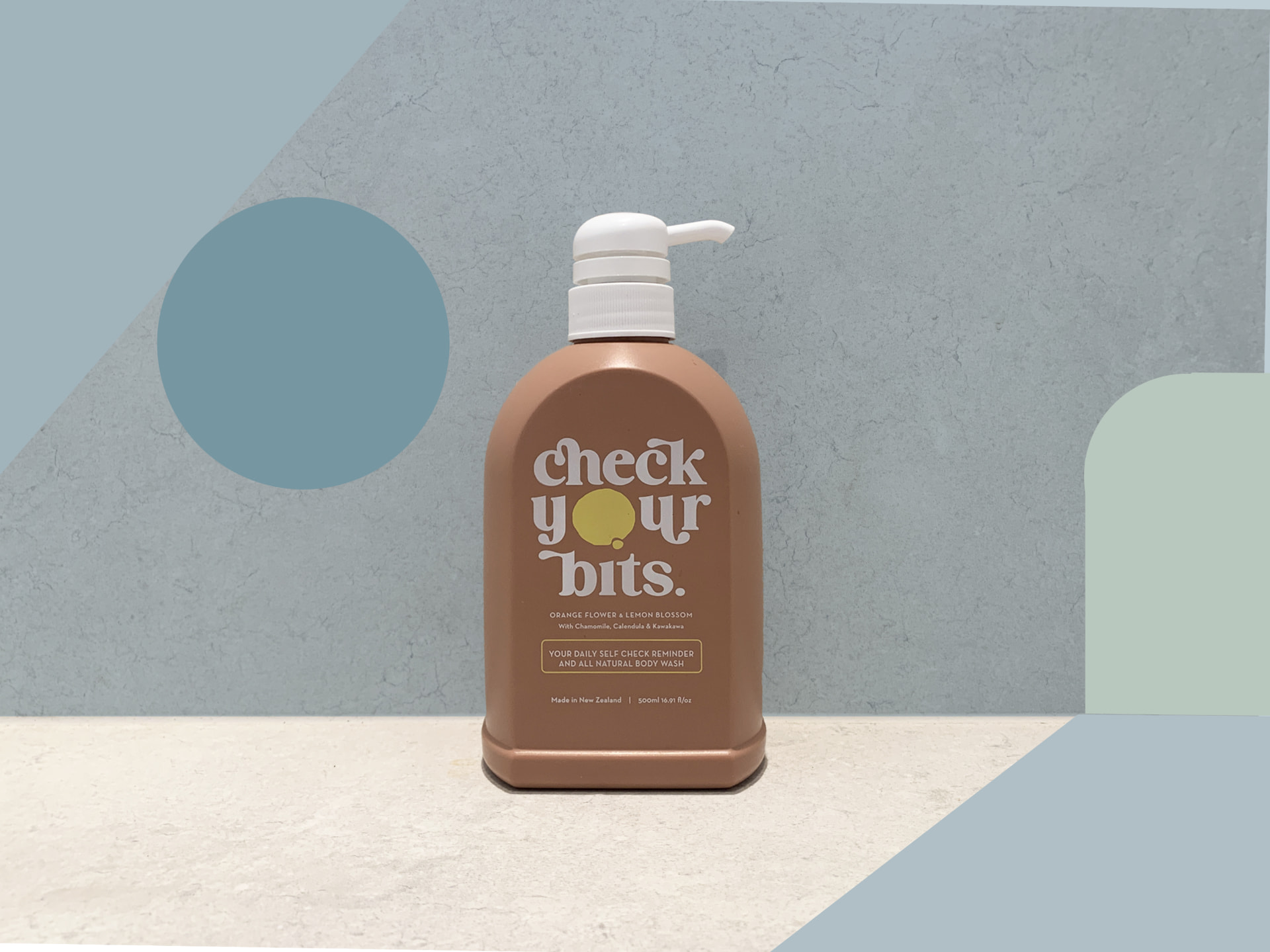 Check Your Bits body wash against a graphic backdrop of blue and sage shapes