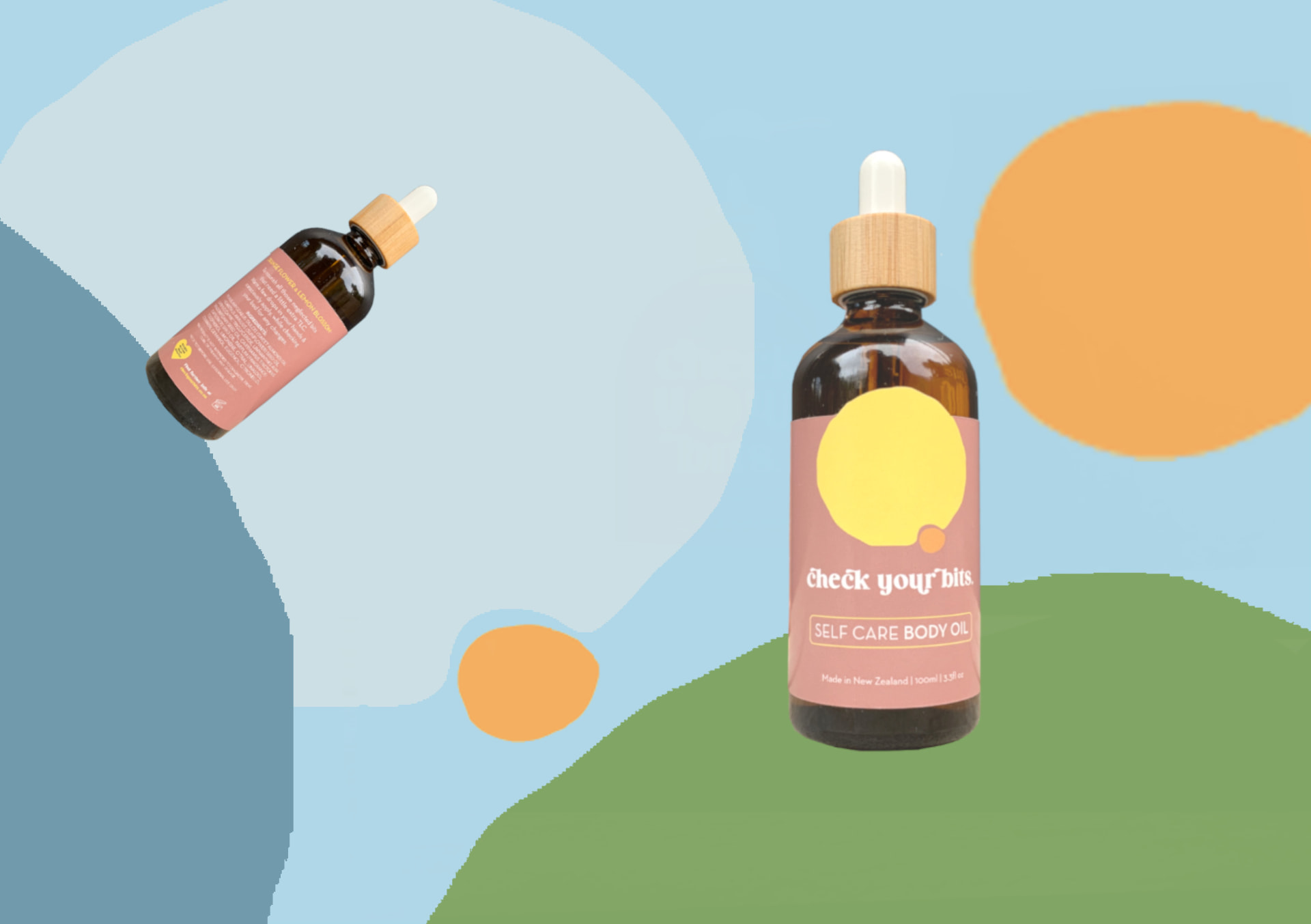 Check Your Bits self care body oil on a playful blue, green and orange backdrop