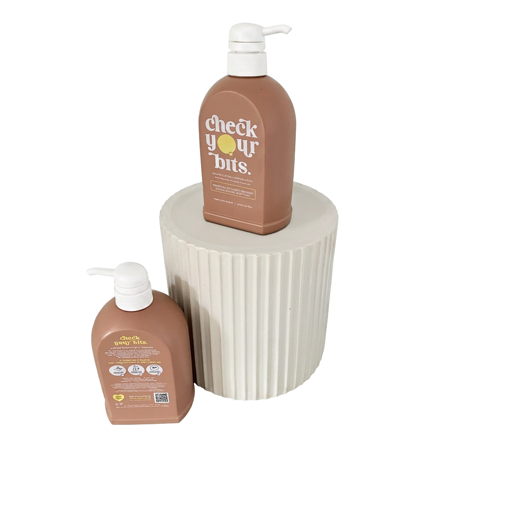 Two Check Your Bits body wash bottles